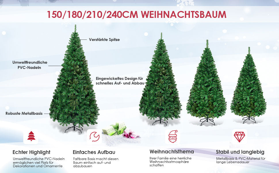 „Übersicht 180-cm Weihnachtsbaum – dichte Silhouette, Metallbasis, pflegeleichte PVC-Nadeln“