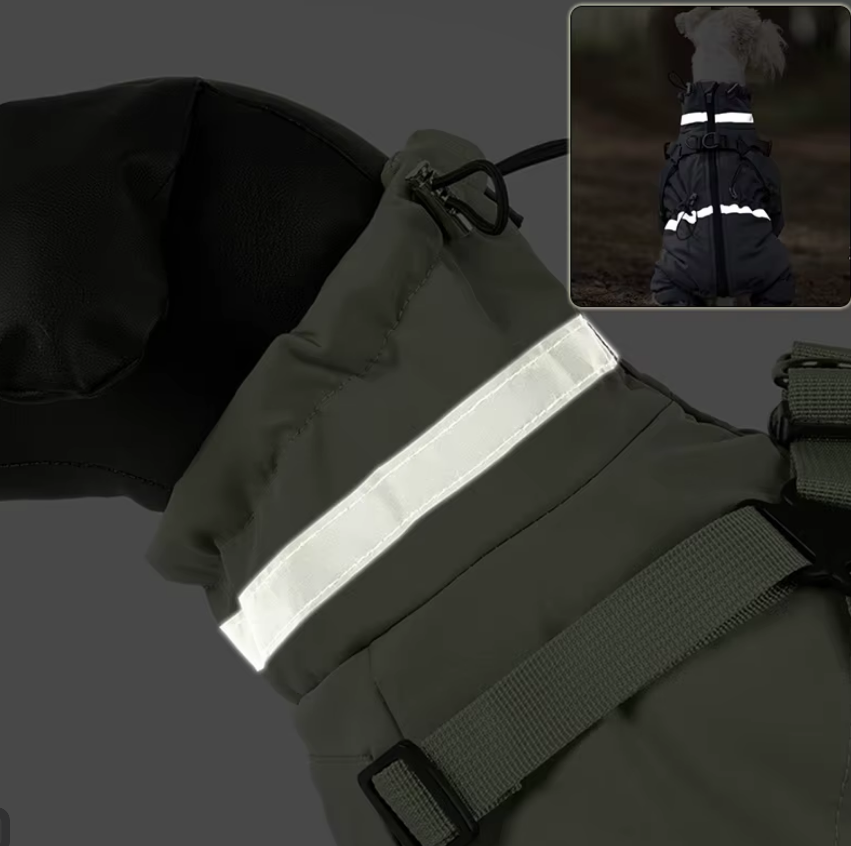 Reflektierende Elemente am Hundewinteroverall für bessere Sichtbarkeit in der