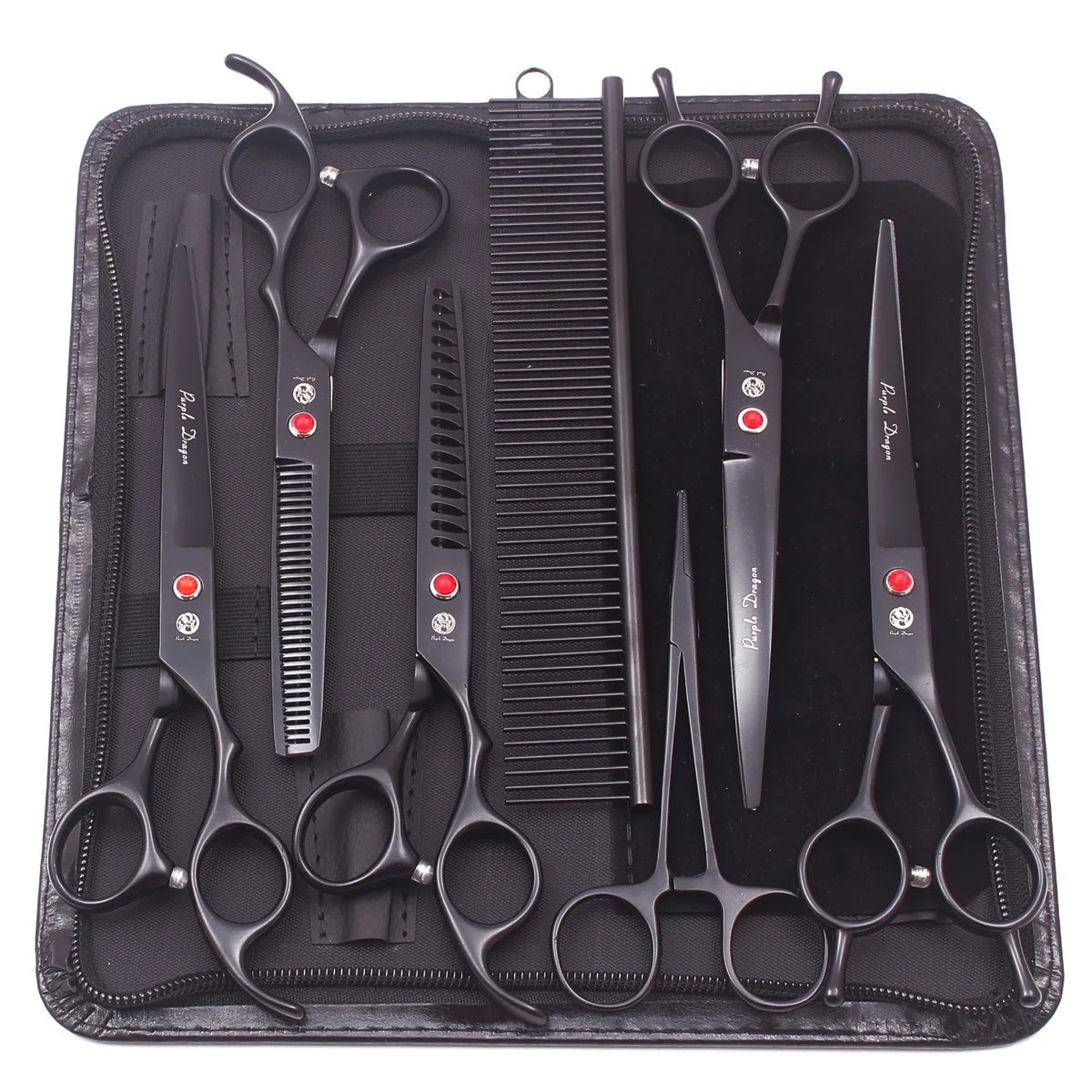 „Professionelles Hundepflege- und Trimm Set. Hundeschere aus 6CR Edelstahl (62 HRC). Gerade, Effilier- & gebogene Schere für präzises Trimmen zur Fellpflege.“ 5 Scheren und eine Pinzette/Abteilhilfe.