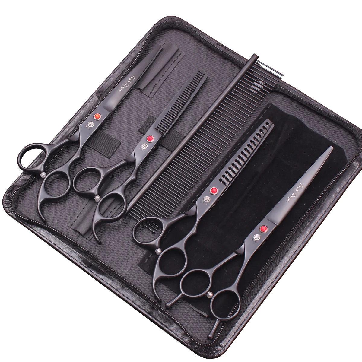 „Professionelles Hundepflege- und Trimm Set. Hundeschere aus 6CR Edelstahl (62 HRC). Gerade, Effilier- & gebogene Schere für präzises Trimmen zur Fellpflege.“ 3 Scheren