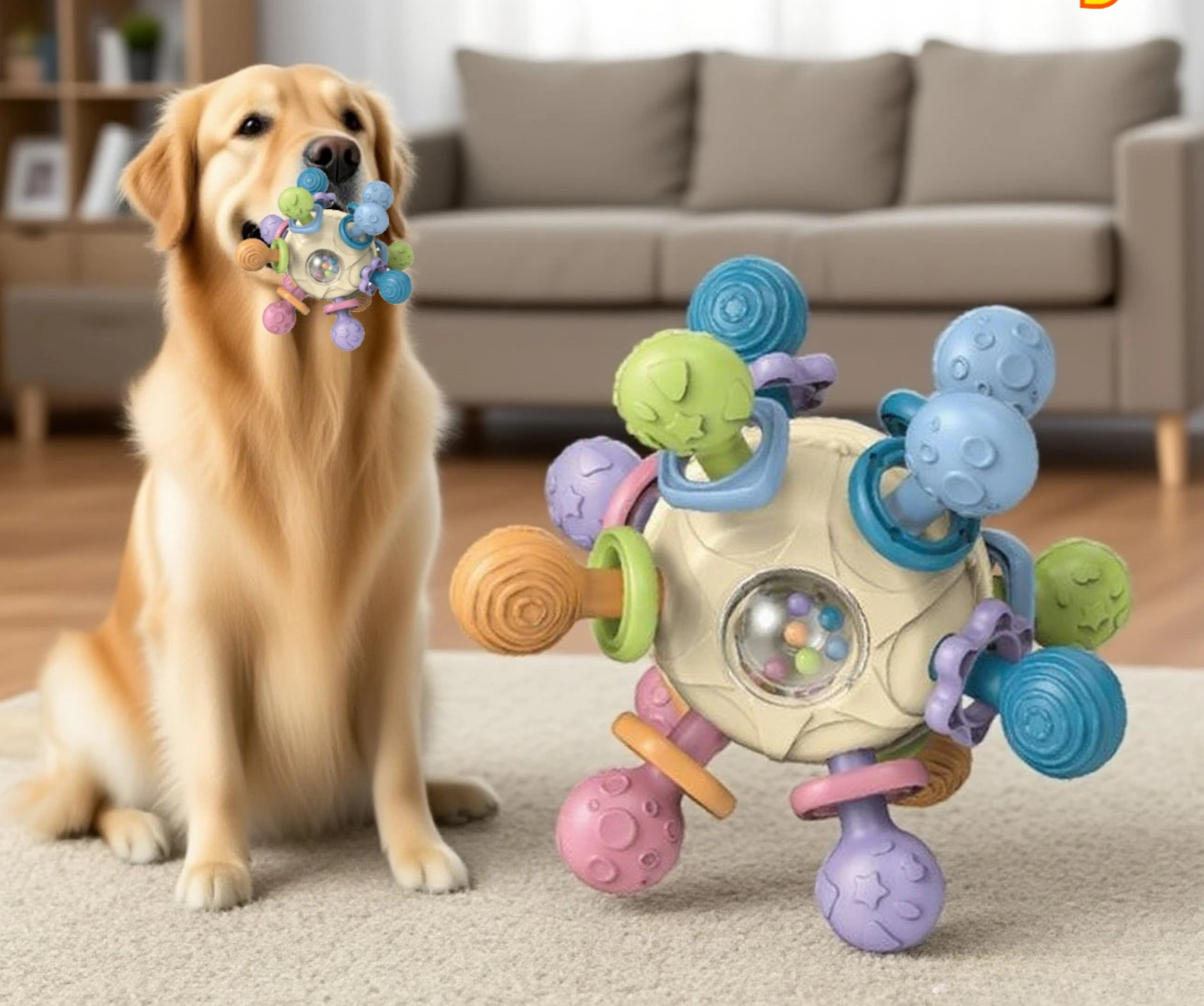 Golden Retriever hält interaktives Hundespielzeug mit mehreren bunten Noppen im Maul und sitzt im Wohnzimmer.    eddy-shop.de