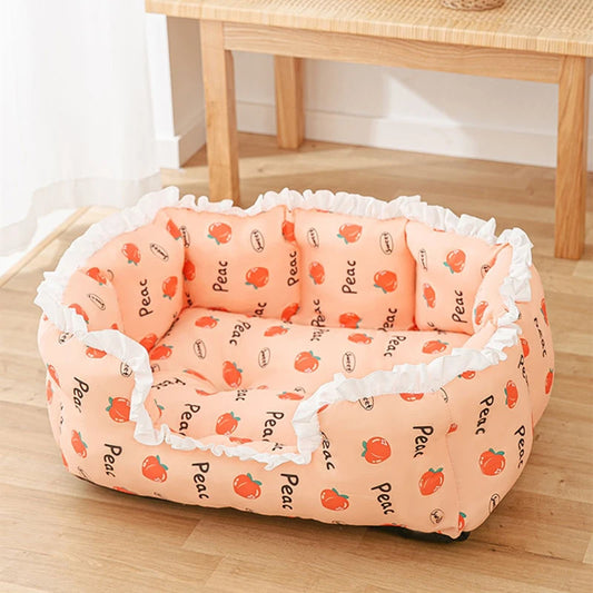 Hundebett mit hoher Umrandung aus Baumwolle in Pfirsich-Design