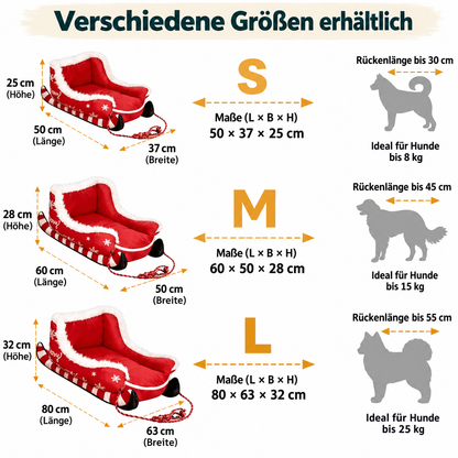 Größenübersicht Weihnachts-Hundebett: Größe S 50 × 37 × 25 cm, M 60 × 50 × 28 cm und L 80 × 63 × 32 cm