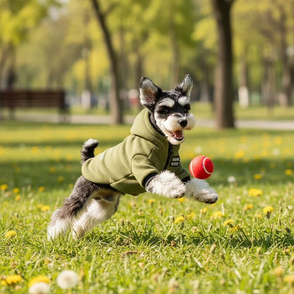 Schnauzer trägt einen olivgrünen Fleece-Hundepullover beim Ballspielen auf der Wiese.