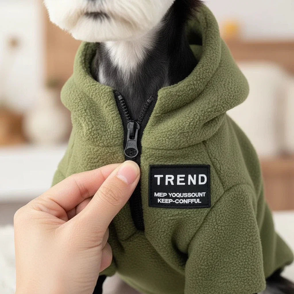 Olivgrüner Fleece-Hundepullover mit Kapuze und kurzem Reißverschluss – Nahaufnahme am Schnauzer. im eddy-shop
