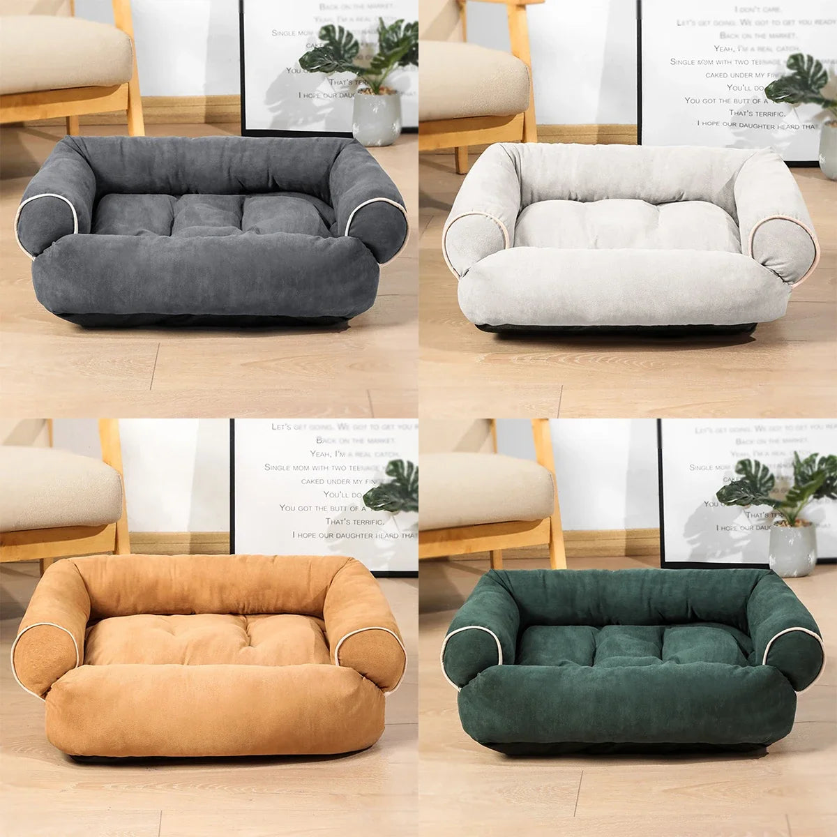 Farbcollage: Hundesofa in Grau, Weiß, Orange und Dunkelgrün im Wohnzimmer