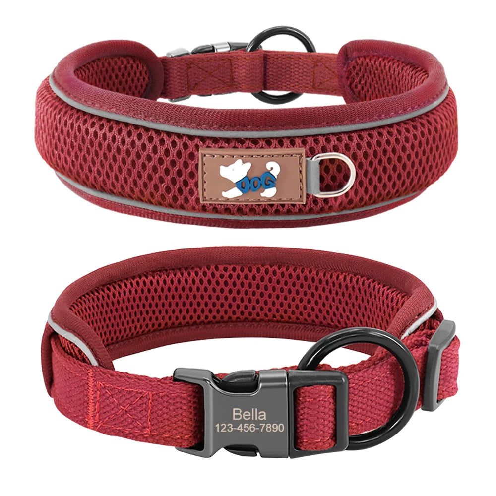 Rotes Hundehalsband mit Gravur und reflektierendem Design