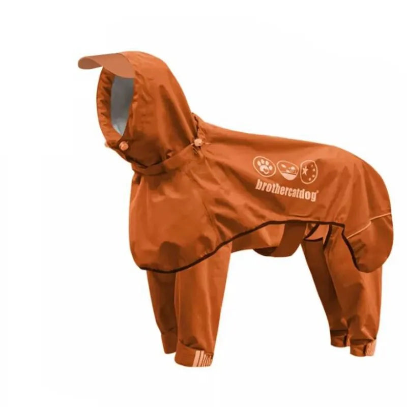 Hund läuft im Orangefarbenen Regenmantel Winter – sichtbar durch reflektierenden Reißverschluss