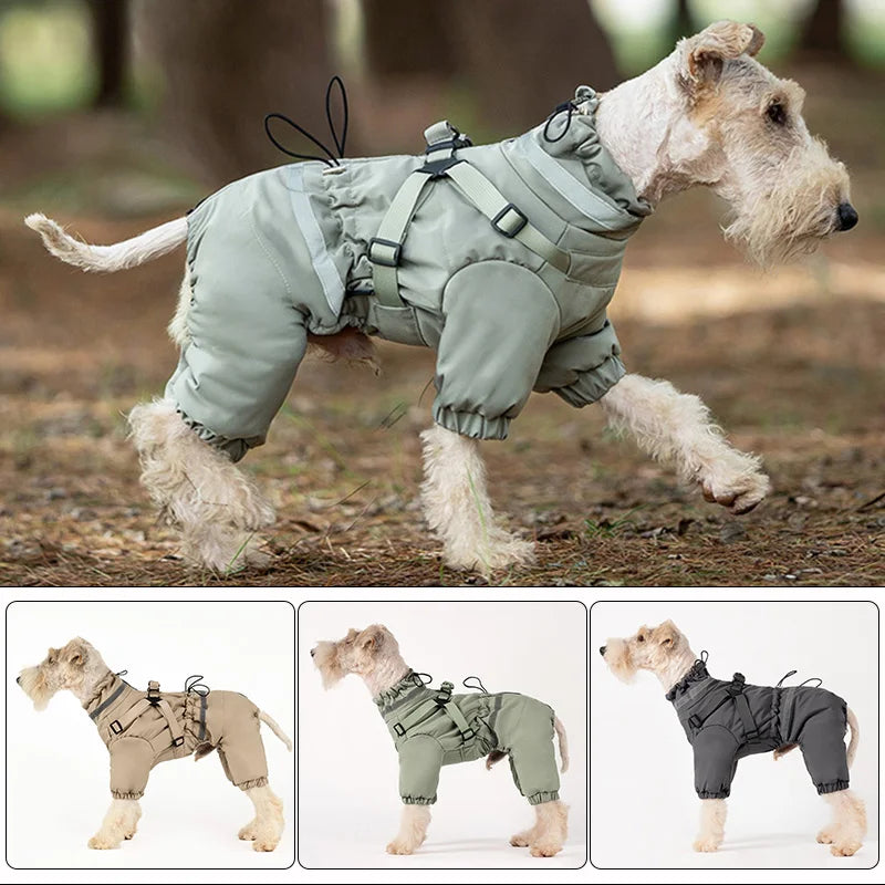 Hund trägt warmen Winteroverall mit reflektierenden Streifen – Seitenansicht im eddy-shop.de