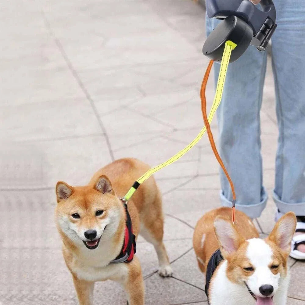 Einziehbare Leine mit LED-Licht, doppelter Verwicklung, Dual Doggie, 360-Grad-Drehung, kein Verknoten für jeden Hund, 2 Hunde, 3 m Seile für Haustierhunde vom eddy-shop