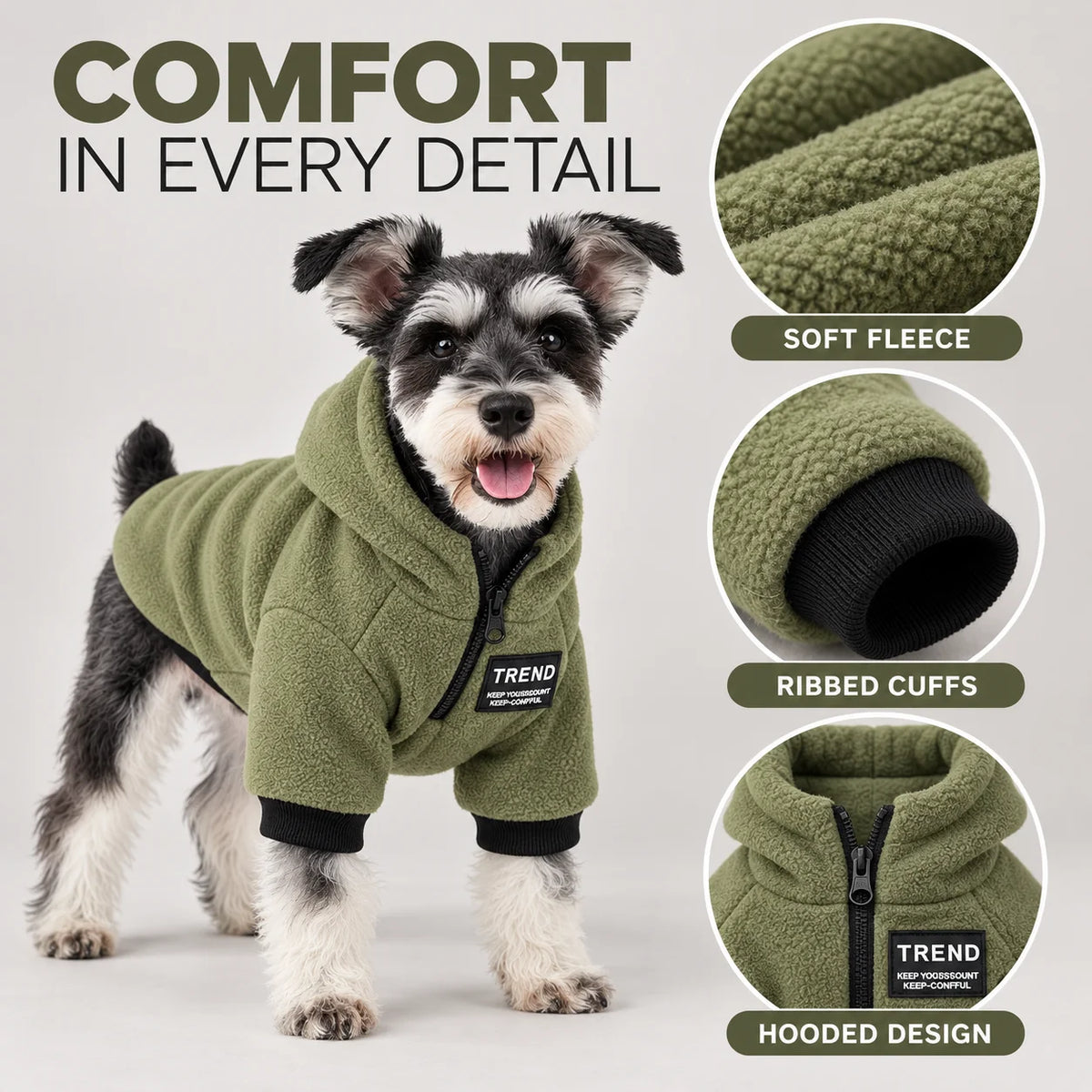 Olivgrüner Hundehoodie aus Fleece – Kapuze, schwarze Ärmelbündchen und Stoffstruktur im Detail