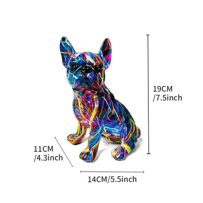 Französische Bulldogge Statue aus Kunstharz im bunten Graffiti-Design – sitzende Designfigur mit Pop-Art-Charakter
