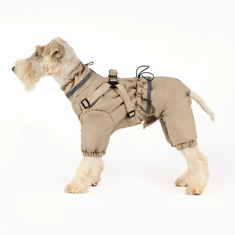 Winteroverall für Hunde mit Rückenreißverschluss und Abdeckleiste – Detail in Khaki