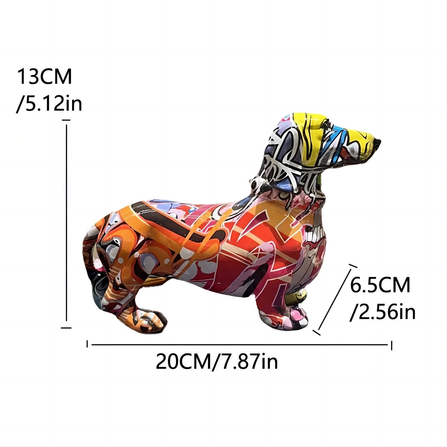 Dackel-Statue im orangefarbenen Graffiti-Design aus Kunstharz – stehende Hundeskulptur im Urban Style mit Maßangaben