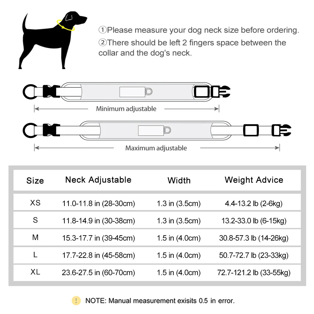 Größentabelle für verstellbares Hundehalsband mit Gravur