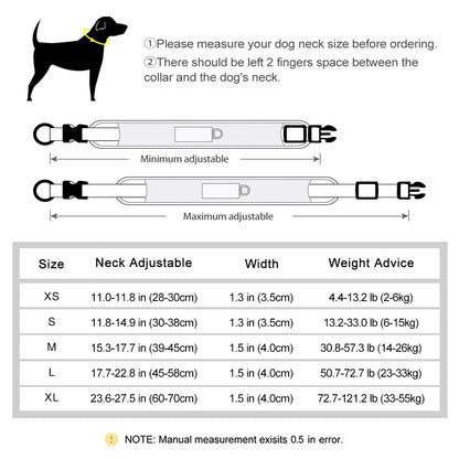 Größentabelle für verstellbares Hundehalsband mit Gravur