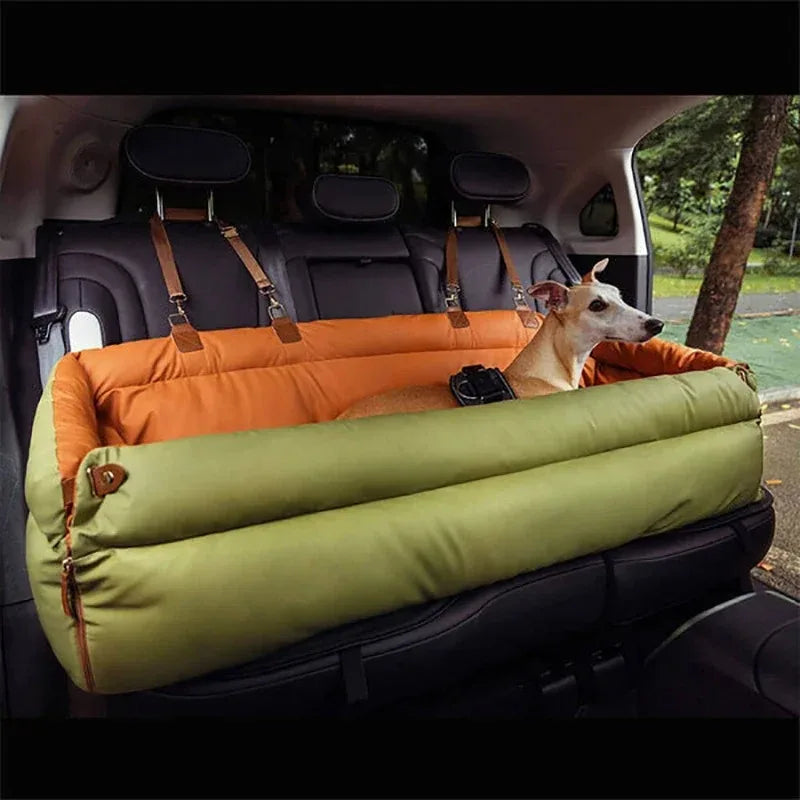 Hunde Autositzbett grün orange – Hundebett für die Rückbank mit aufklappbarer Front