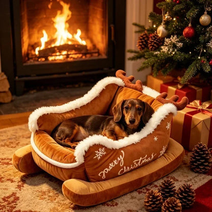 Weihnachts-Hundebett in Schlittenform in Caramel-Braun mit Dackel, kuscheligem Plüschrand und festlichem Schneeflocken-Design. im eddy-shop