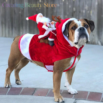 Bulldogge mit Rentier-Hundekostüm und Weihnachtsmann-Figur