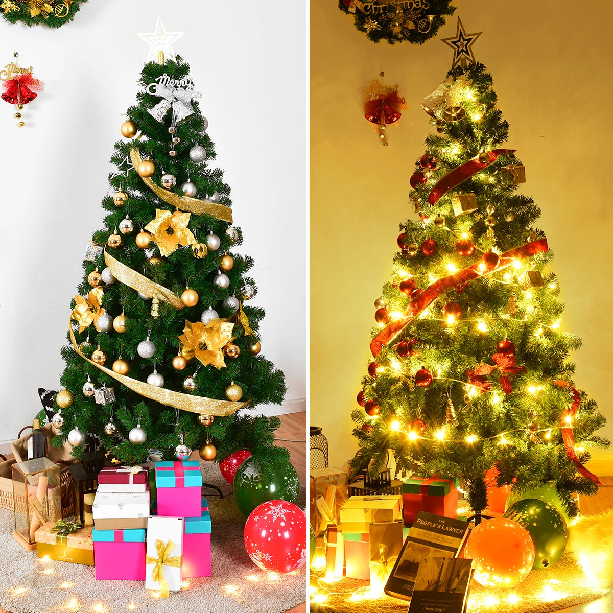 „Dekorierter künstlicher Christbaum im Wohnzimmer mit Lichterkette und Kugeln“