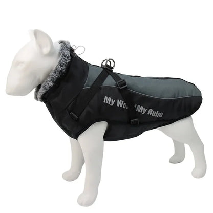 Hundejacke mit Aufschrift „My World My Rules“ und Reflektoren