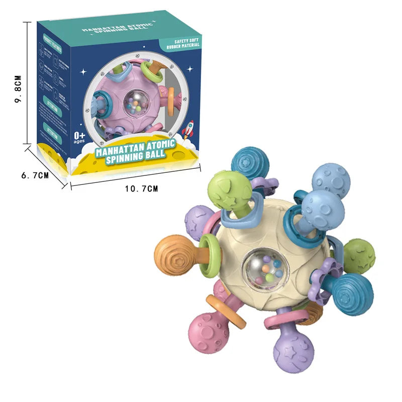 Interaktives Hundespielzeug in Pastellfarben mit Maßeinblendung und zugehöriger Produktverpackung.