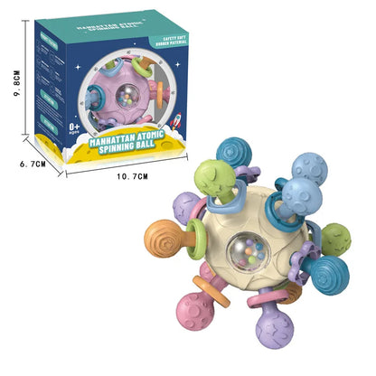 Interaktives Hundespielzeug in Pastellfarben mit Maßeinblendung und zugehöriger Produktverpackung.