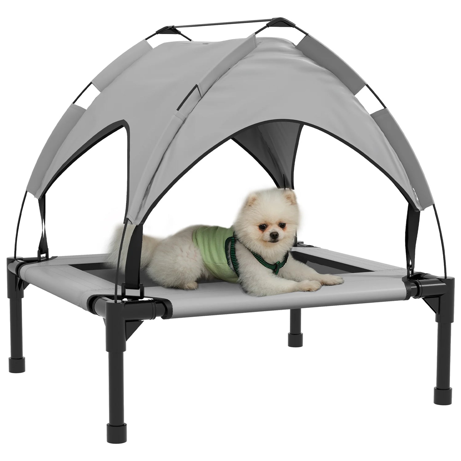 Bild mit Hund im Hundehochbett mit Sonnendach in eddy-shop.de
