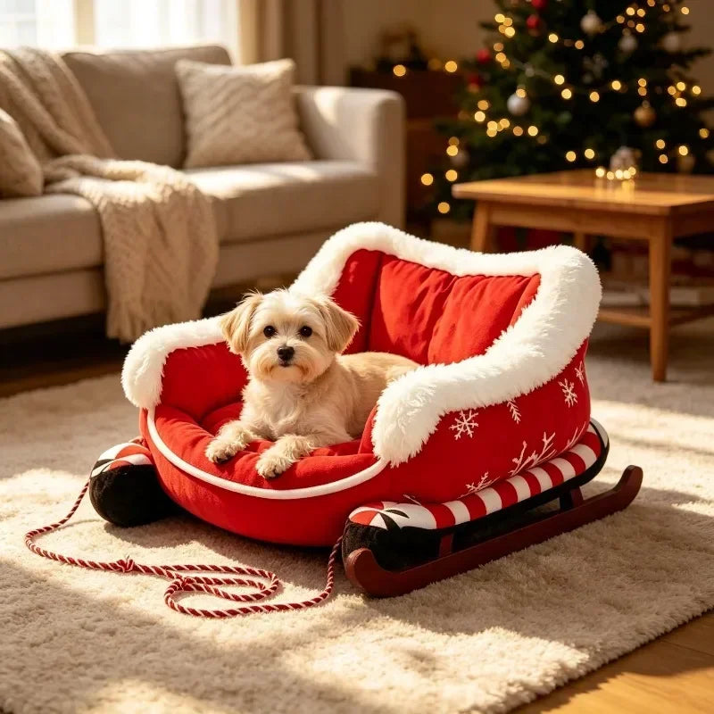 Rotes Weihnachts-Hundebett in Schlittenform mit kleinem Hund, weicher Liegefläche und weißem Plüschrand im Wohnzimmer