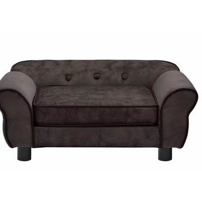 Dunkelbraunes Hundesofa mit gepolsterten Armlehnen, Sitzkissen und drei Zierknöpfen an der Rückenlehne – Vorderansicht. im eddy-shop.de