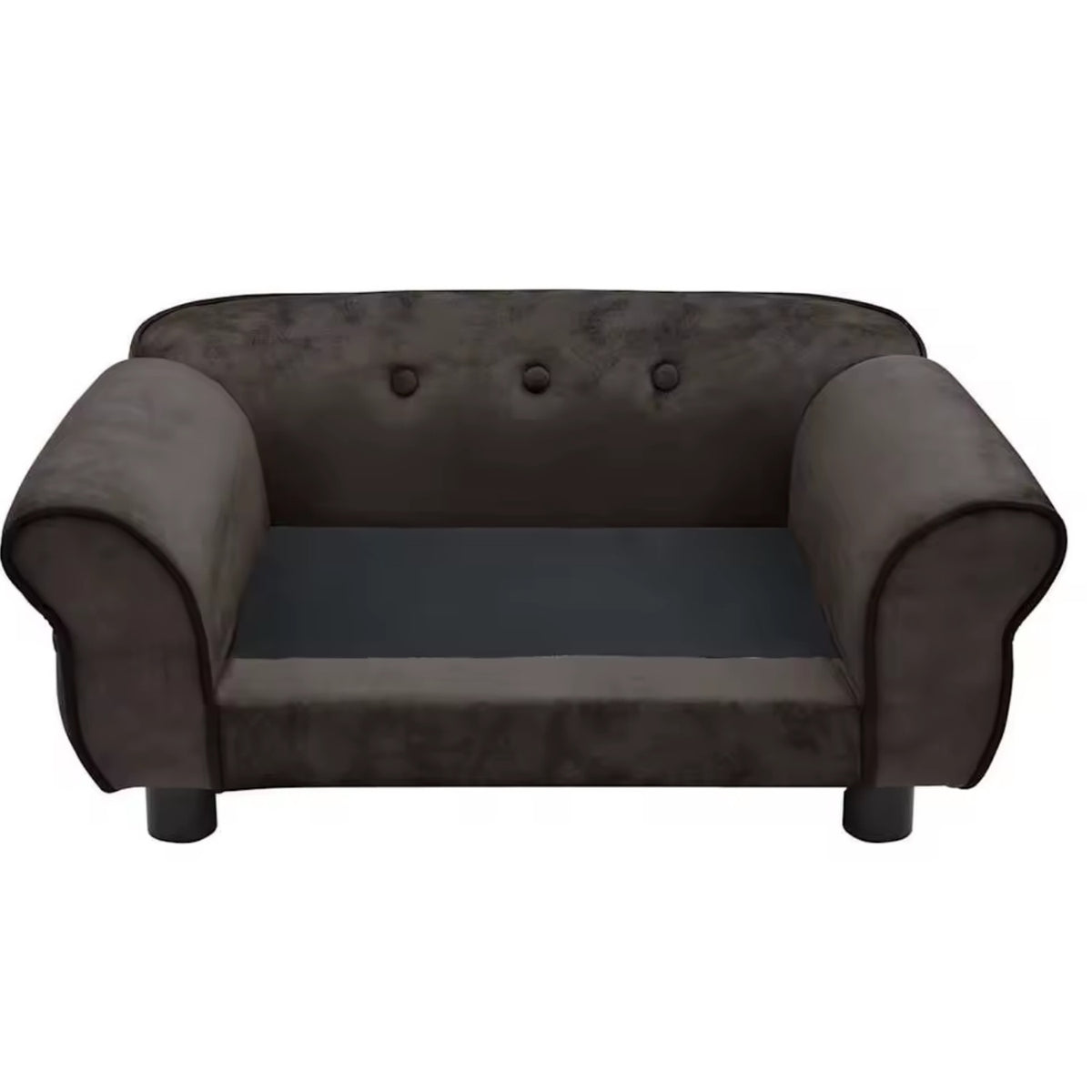 Dunkelbraunes Hundesofa mit herausgenommenem Sitzkissen und sichtbarer Kissenauflage