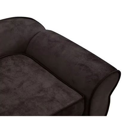 Nahaufnahme von Armlehne und Sitzkissen des dunkelbraunen Hundesofas mit strukturierter Oberfläche und Zierkanten